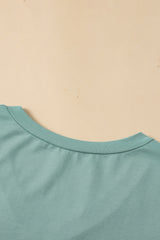 Green Solid Puff Sleeve Casual V Neck T-Shirt