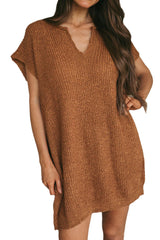 Camel V Neck Loose Fit Mini Knitted Dress