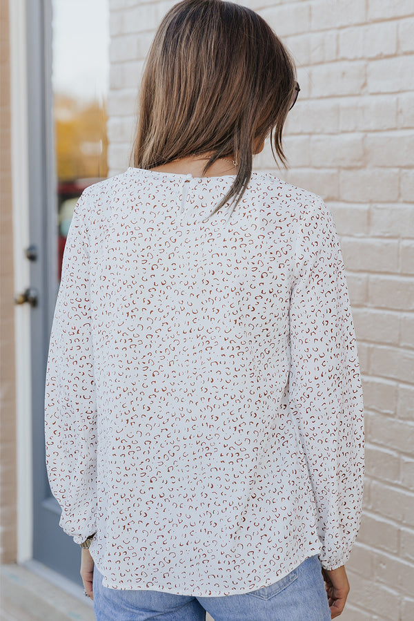 White Cheetah Print Lantern Sleeve Crew Neck Blouse