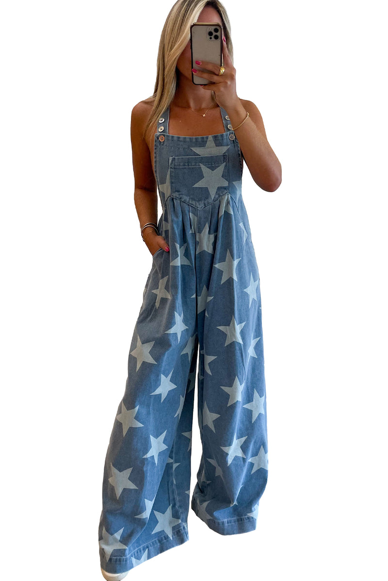 Wholesale White Star Print Button Strap Pleated Wide Leg Denim Overall