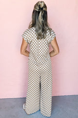 Khaki Checkered Print Buttoned Crew Neck Wide Leg Jumpsuit