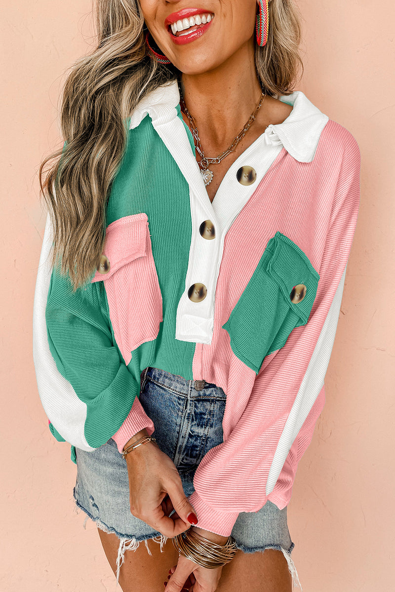 Pink Colorblock Patchwork Ribbed Oversized Henley Sweatshirt