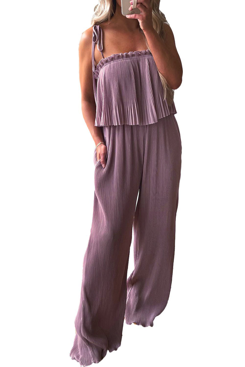 Rose Tan Solid Self Tied Straps Pleated Wide Leg Jumpsuit