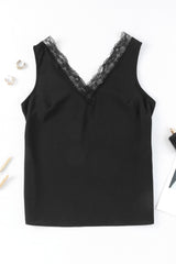 Black V Neck Lace Splicing Casual Open Back Sleeveless Shirt