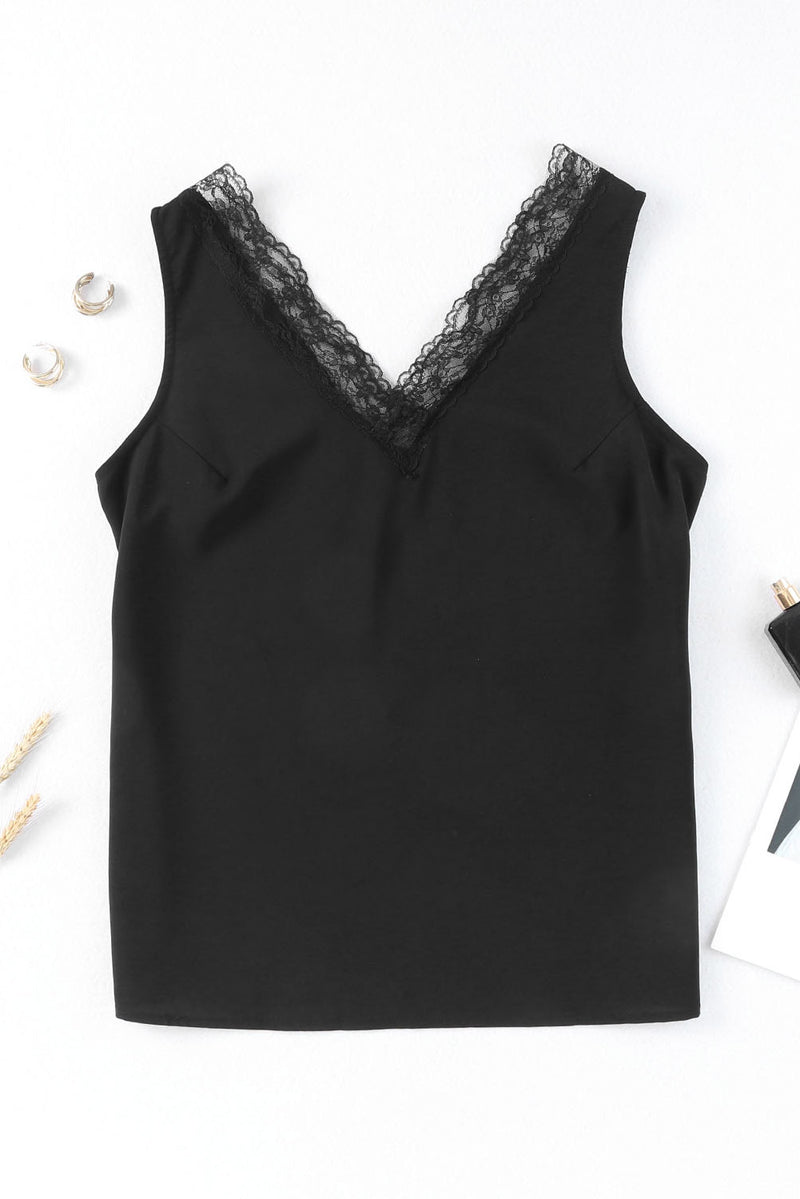 Black V Neck Lace Splicing Casual Open Back Sleeveless Shirt