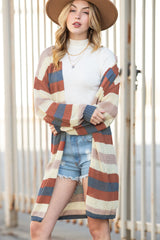 Black Striped Color Block Casual Hollow Cable Knit Cardigan