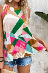 Multicolor Boho Geometric Print Keyhole Back Pleated Sleeveless Shirt