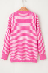 Pink Striped Scallop V Neck Split Knitted Sweater