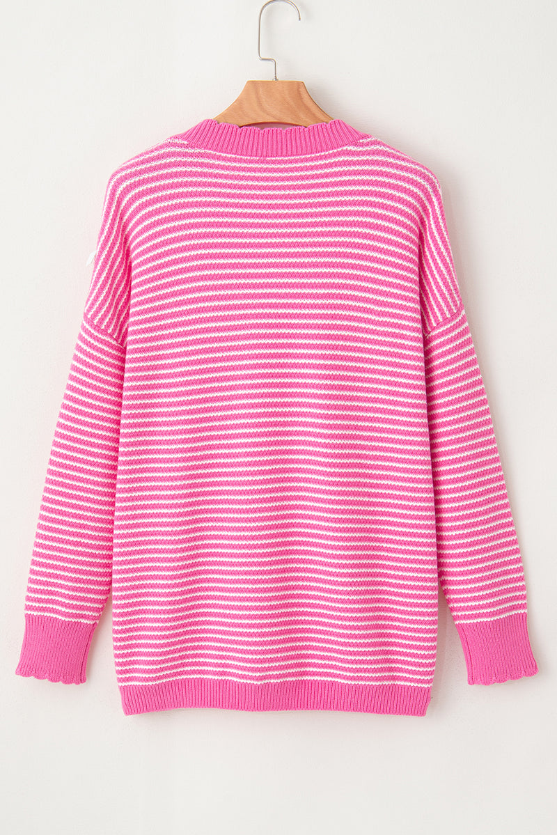 Pink Striped Scallop V Neck Split Knitted Sweater