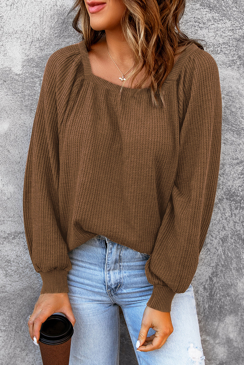 Brown Waffle Texture Casual Square Neck Pullover Top