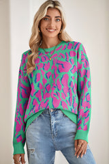 Green Abstract Print Ribbed Trim Baggy Sweater