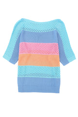 Pink Knitted Eyelet Colorblock Half Sleeves Top