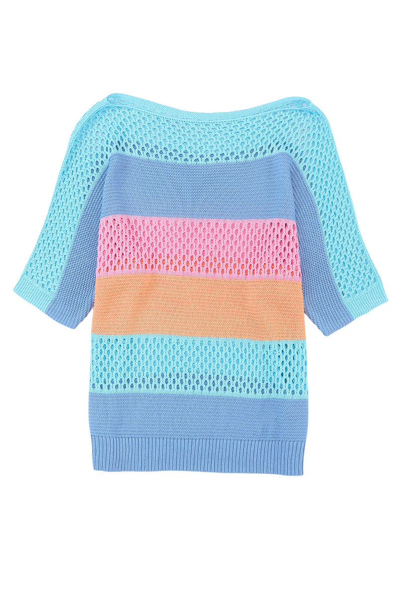 Pink Knitted Eyelet Colorblock Half Sleeves Top