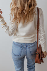 White Solid Color Waffle Long Sleeve Henley Top