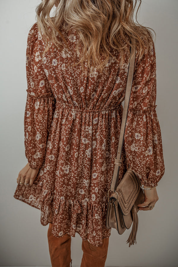 Brown Boho Floral Ruffle Puff Sleeve V Neck Mini Dress