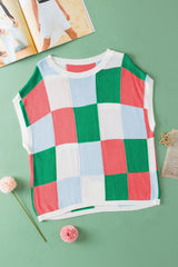 Dark Green Checkered Color Block Cap Sleeve Knitted Top