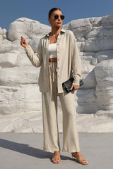 Apricot Loose Button Cardigan And Wide Leg Pants Two Piece Set