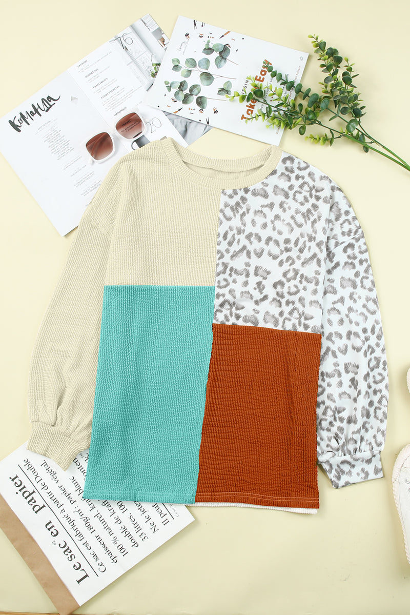 Rosy Leopard Patchwork Color Block Ribbed Long Sleeve Top