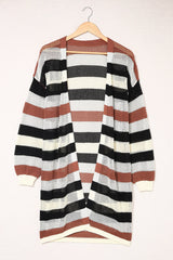 Black Striped Color Block Casual Hollow Cable Knit Cardigan