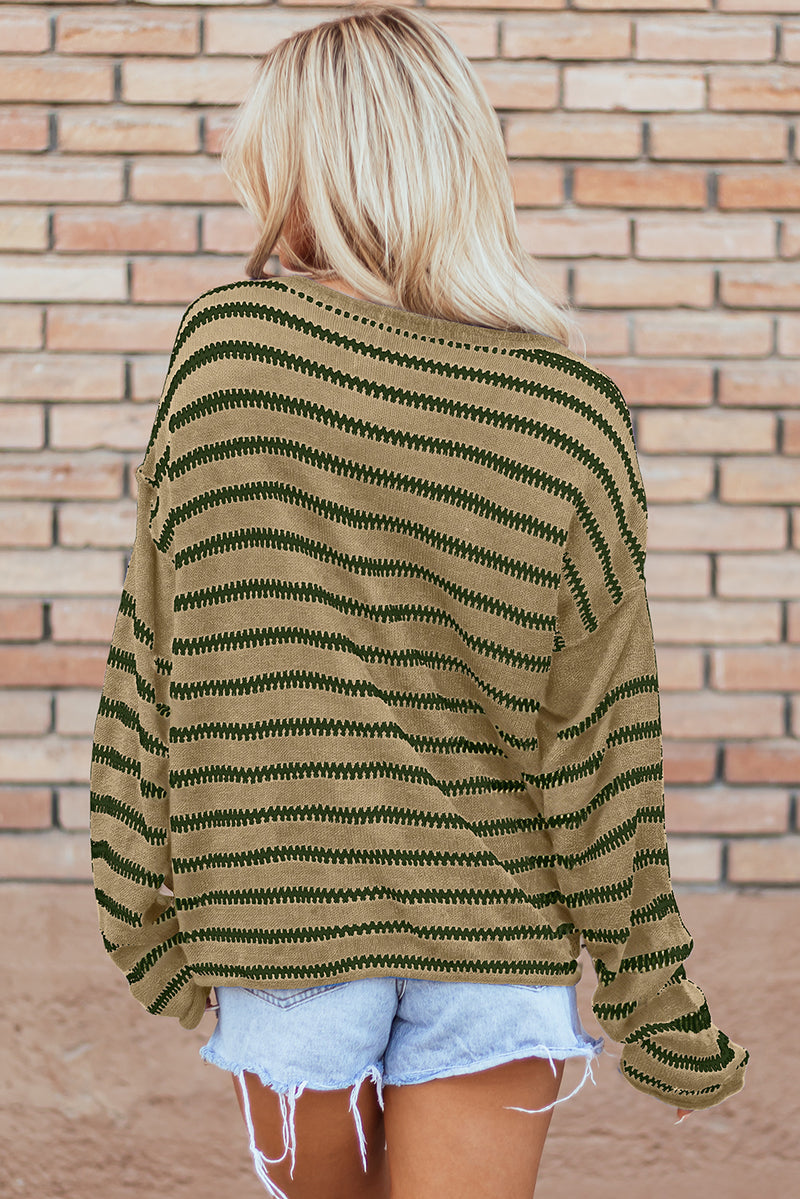 Khaki Casual Stripe Round Neck Drop Shoulder Sweater