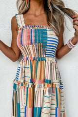 Khaki Mix Striped Wide Straps Smocked Tiered Maxi Dress