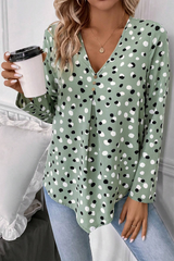 White Dotted Print V Neck Long Sleeve Blouse