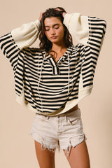 Black White Striped Waffle Patchwork Baggy Hooded Top