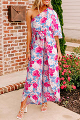 Pink Floral Print Asymmetrical Neckline Single Shoulder Half Sleeve Belted Jumpsuit