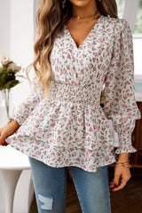 White Floral Print V-Neck Cinch Waist Blouse