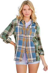 Green Plaid Colorblock Casual Pockets Button Up Shacket