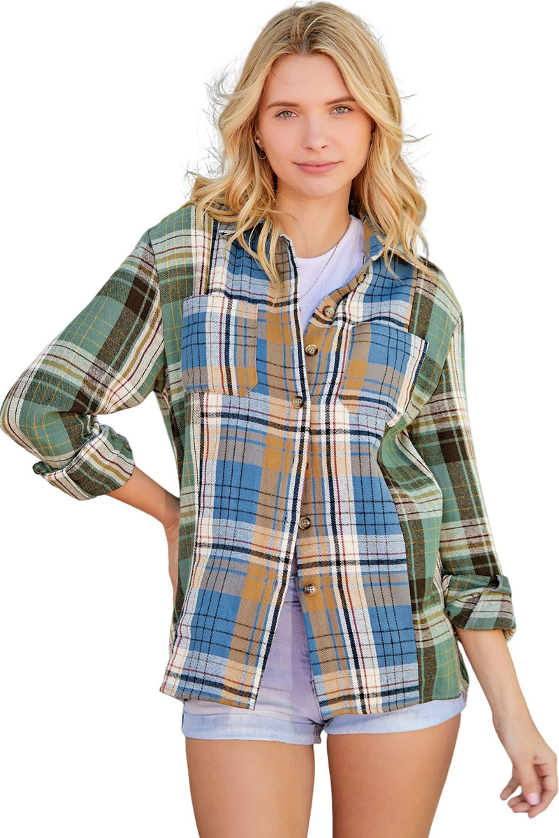 Green Plaid Colorblock Casual Pockets Button Up Shacket