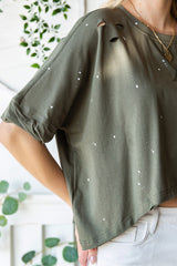 Green Half Sleeve Distressed Asymmetrical Top