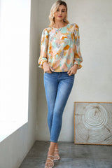 Multicolor Abstract Print Boho Ruffle Puff Sleeve Blouse