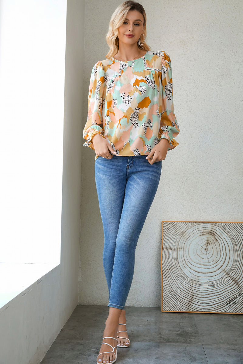 Multicolor Abstract Print Boho Ruffle Puff Sleeve Blouse