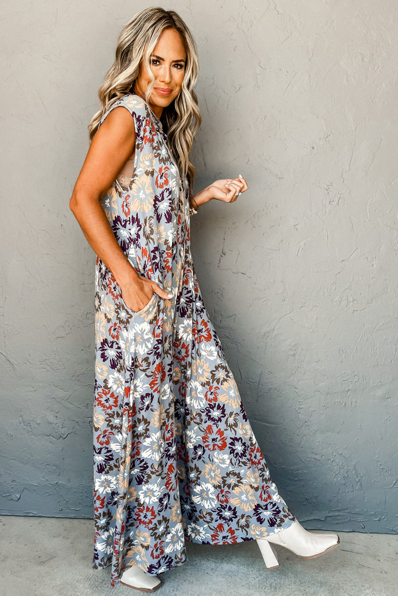 Sky Blue Floral Sleeveless Pocketed Wide Leg Jumpsuit