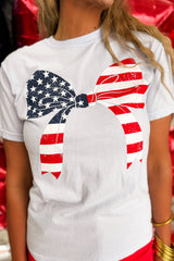 White Flag Day Stars and Stripes Bowknot Graphic Round Neck Tee