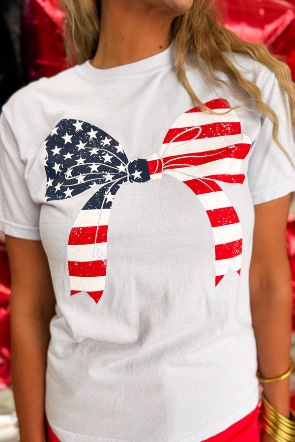 White Flag Day Stars and Stripes Bowknot Graphic Round Neck Tee