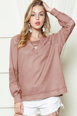 Apricot Lace and Waffle Knit Crisscross Straps V Neck Long Sleeve Top