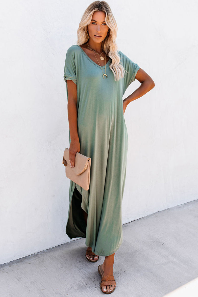 Grass Green Solid Color Hidden Pocket V Neck Slit Maxi Dress