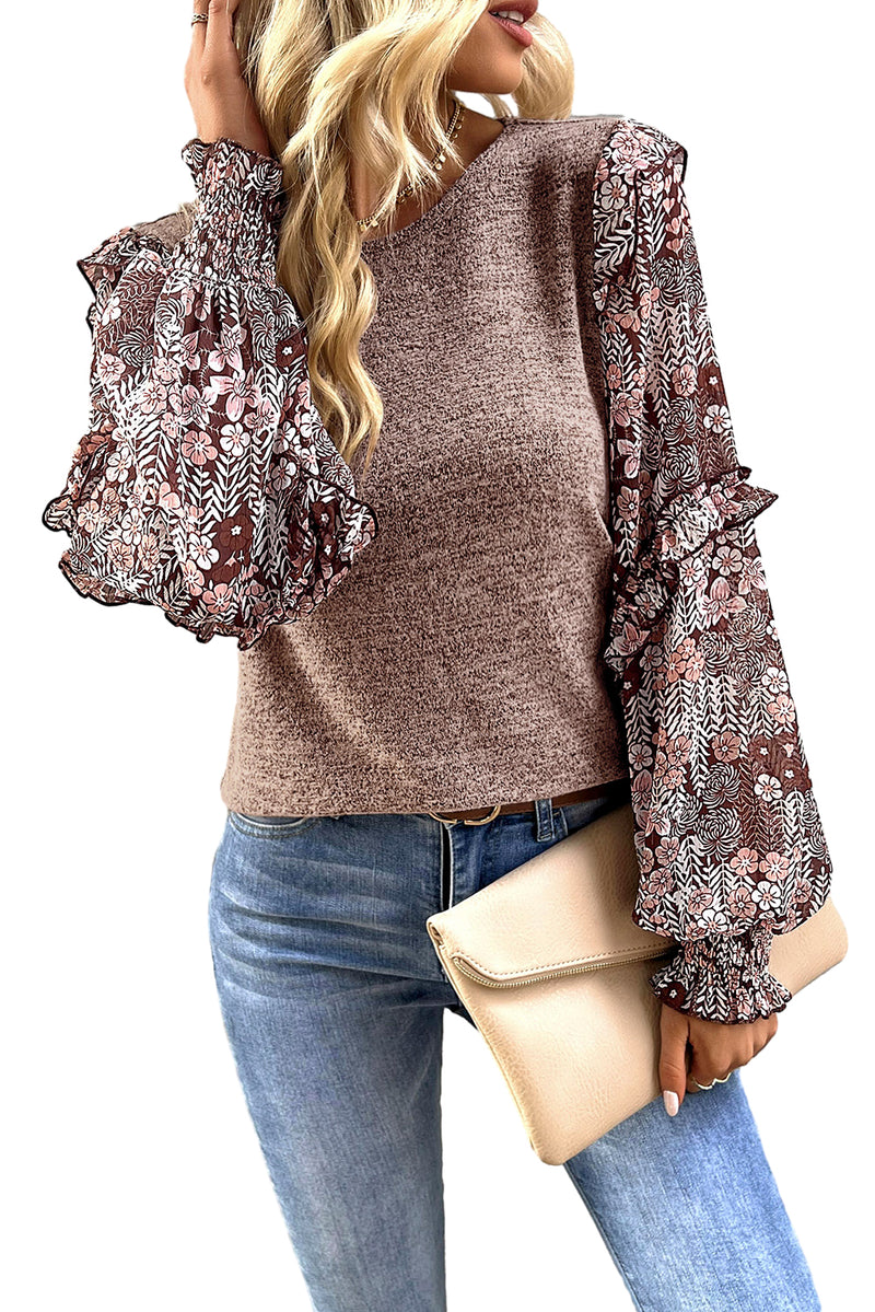 Blue Floral Ruffle Sleeve Patchwork Top