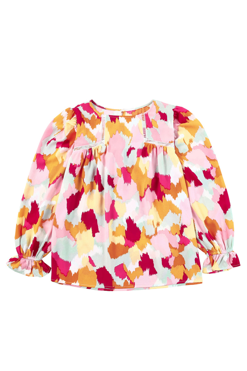 Multicolor Abstract Print Boho Ruffle Puff Sleeve Blouse