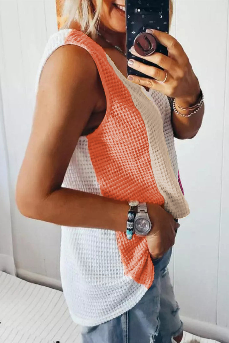 Multicolor Color Block Casual V Neck Waffle Knit Tank Top