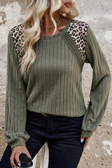 Moss Green Leopard Print Patchwork Crochet Rib Textured Top