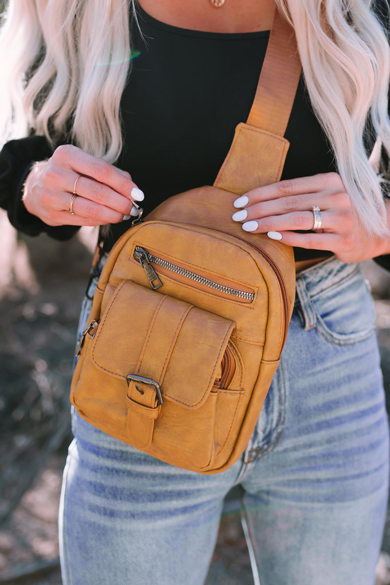 Khaki Vintage Zipper Multi Pockets Sling Bag Raining Rustic Boutique