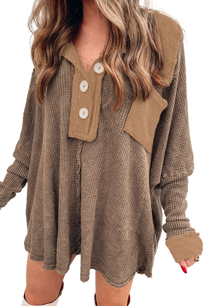 Brown Waffle Pocket Seam Patchwork Loose Knit Top