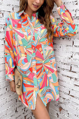 Multicolor Abstract Print Long Sleeve Shirt Dress