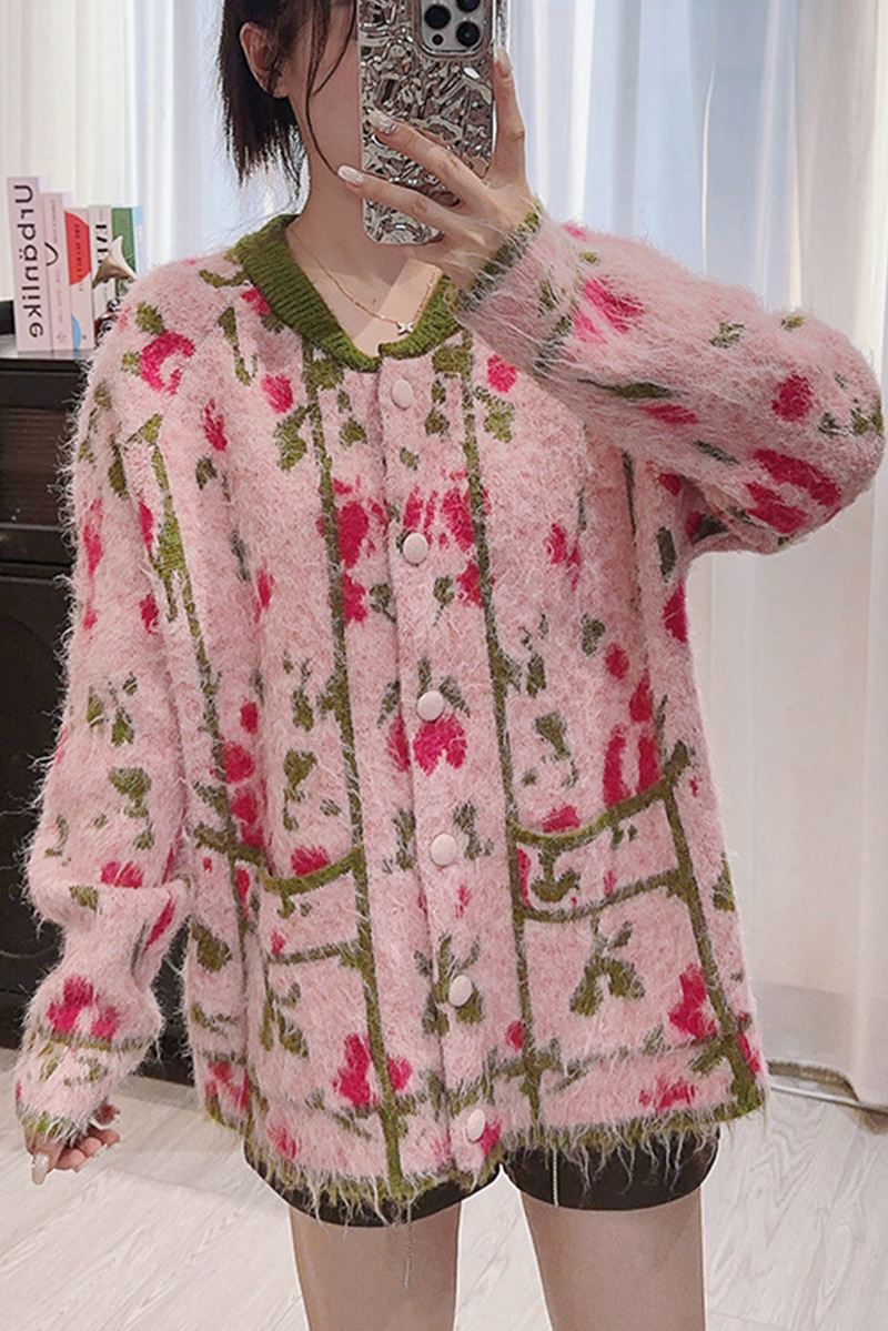 Pink Contrast Color Jacquard Round Neck Elegant Loose Knitted Cardigan