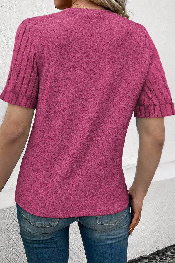 Bright Pink Ribbed Splicing Short Sleeve Round Neck T-shirt