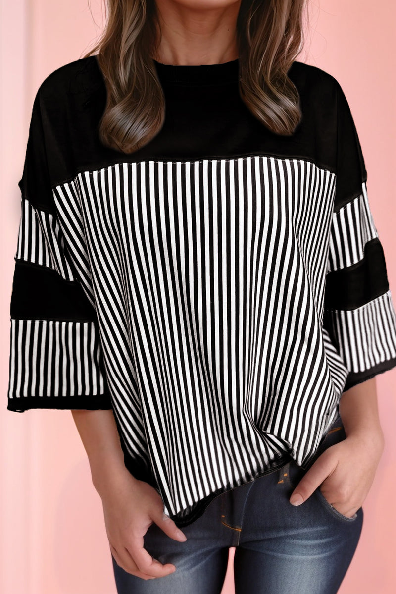 Black & White Striped Patchwork Oversized Tee