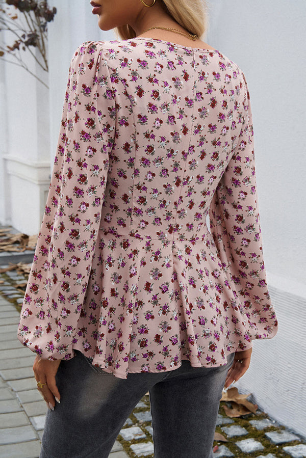 Pink Floral Bubble Sleeve Long Sleeve Top